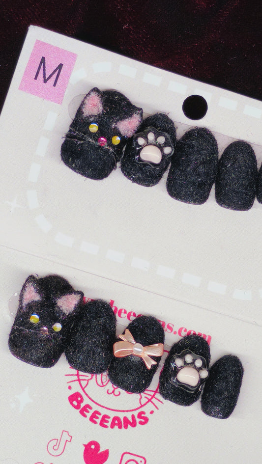 Black Kitties (flocked) Press on nails